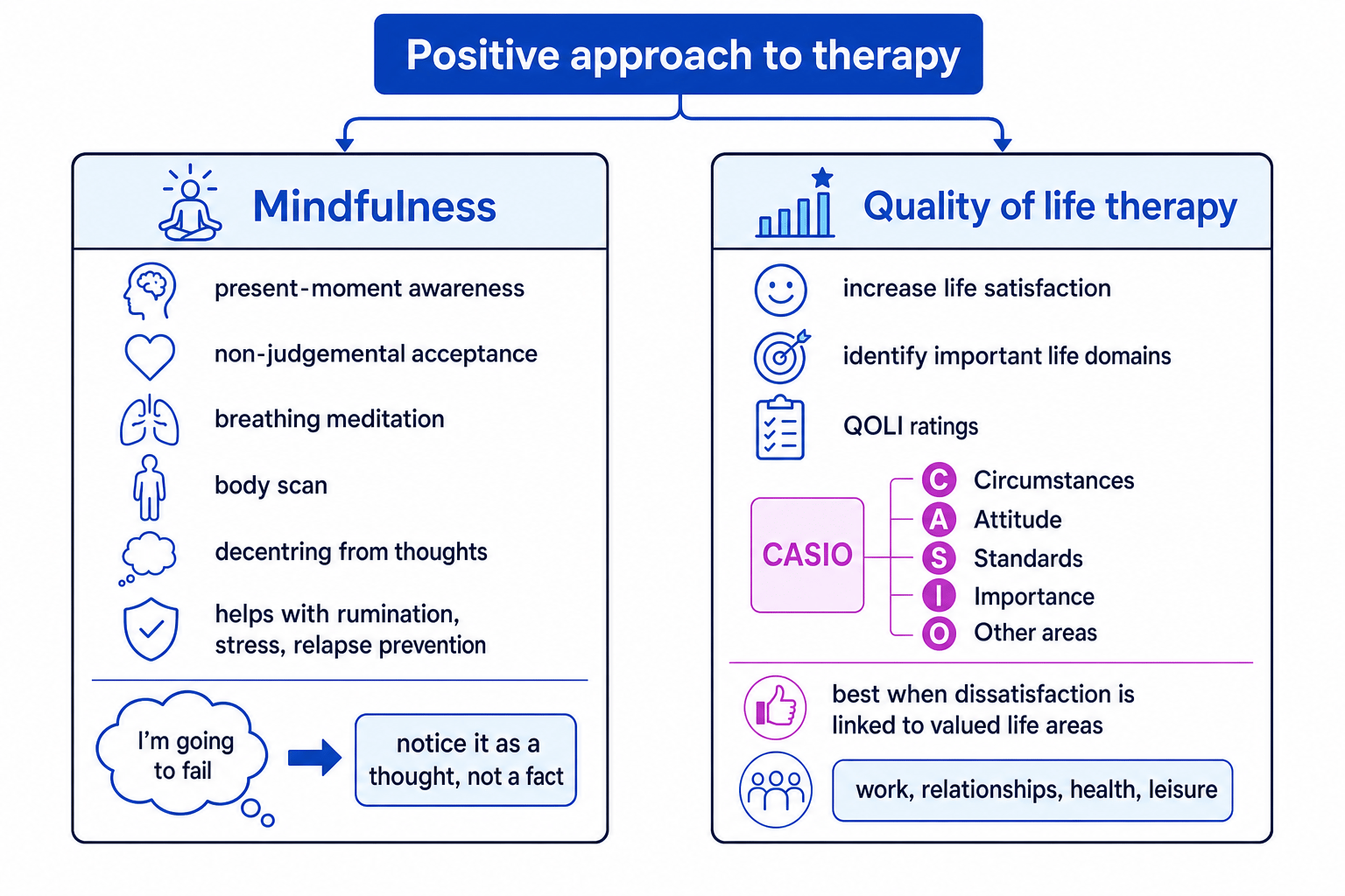Comparison diagram of the positive approach to therapy branching into mindfulness and quality of life therapy with key features and uses labelled