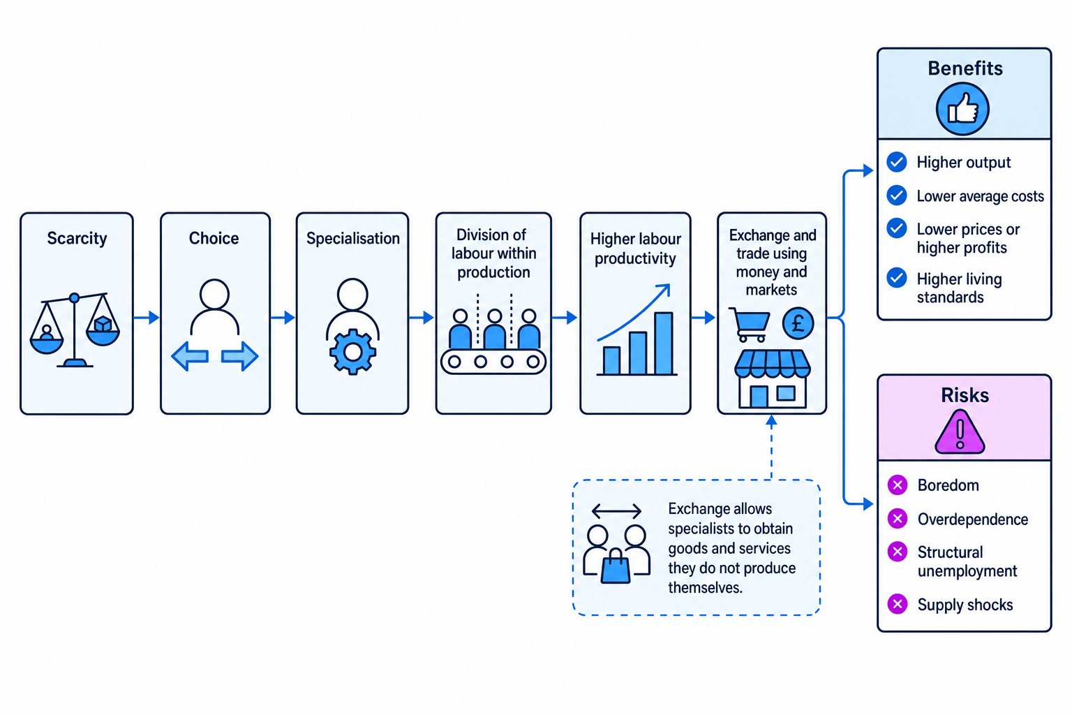 Flow diagram showing scarcity leading to choice, specialisation, division of labour, higher labour productivity, exchange, then benefits and risks