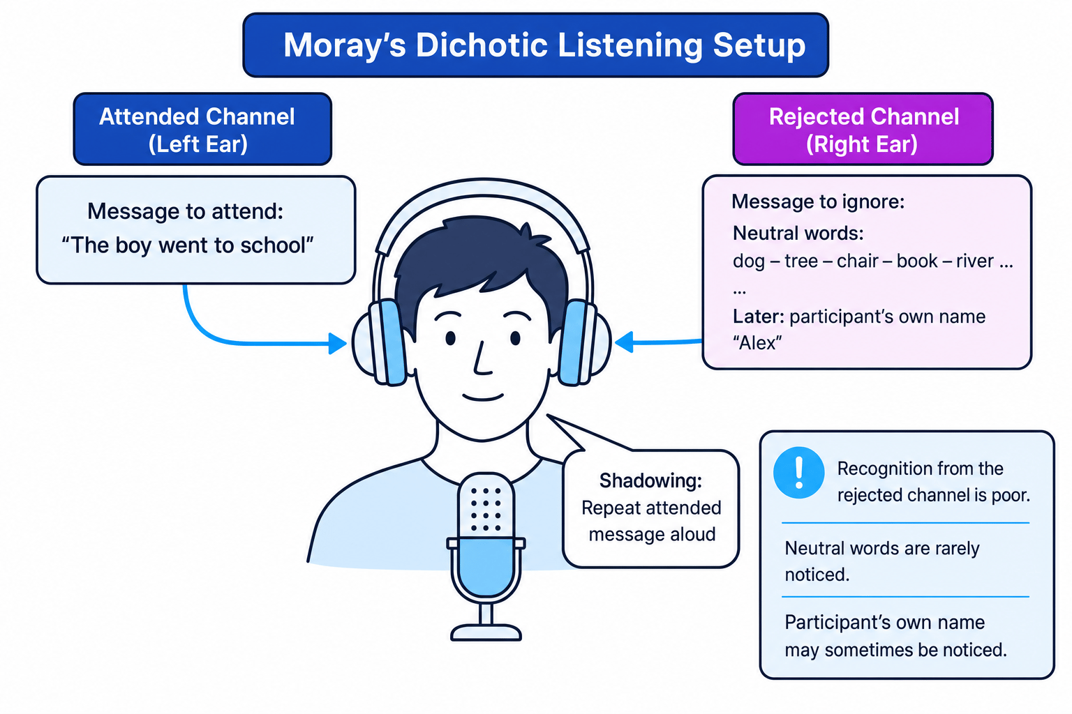 Schematic of Moray's dichotic listening task showing attended and rejected channels, headphones, and shadowing aloud