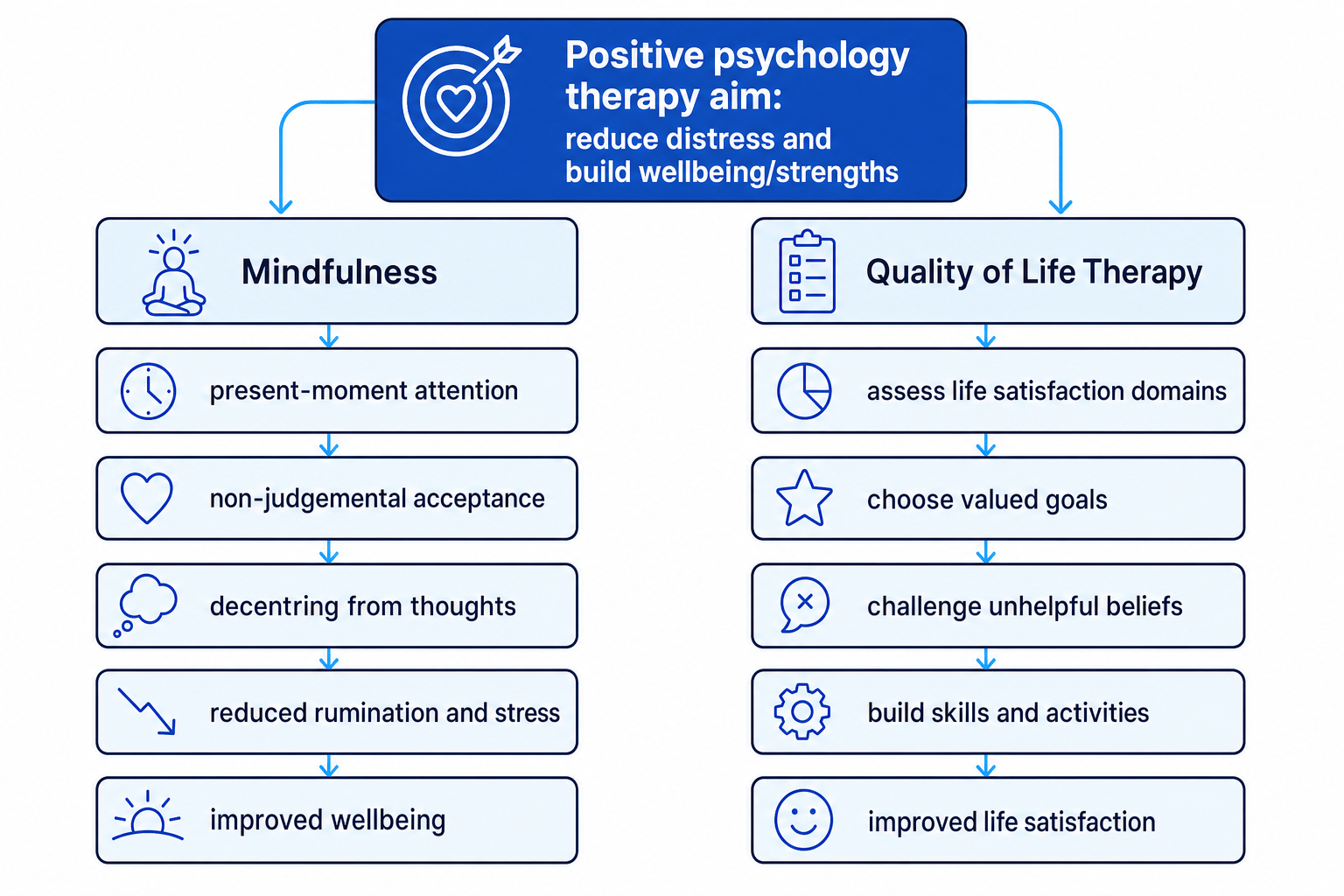 Schematic comparing mindfulness and quality of life therapy in the positive approach