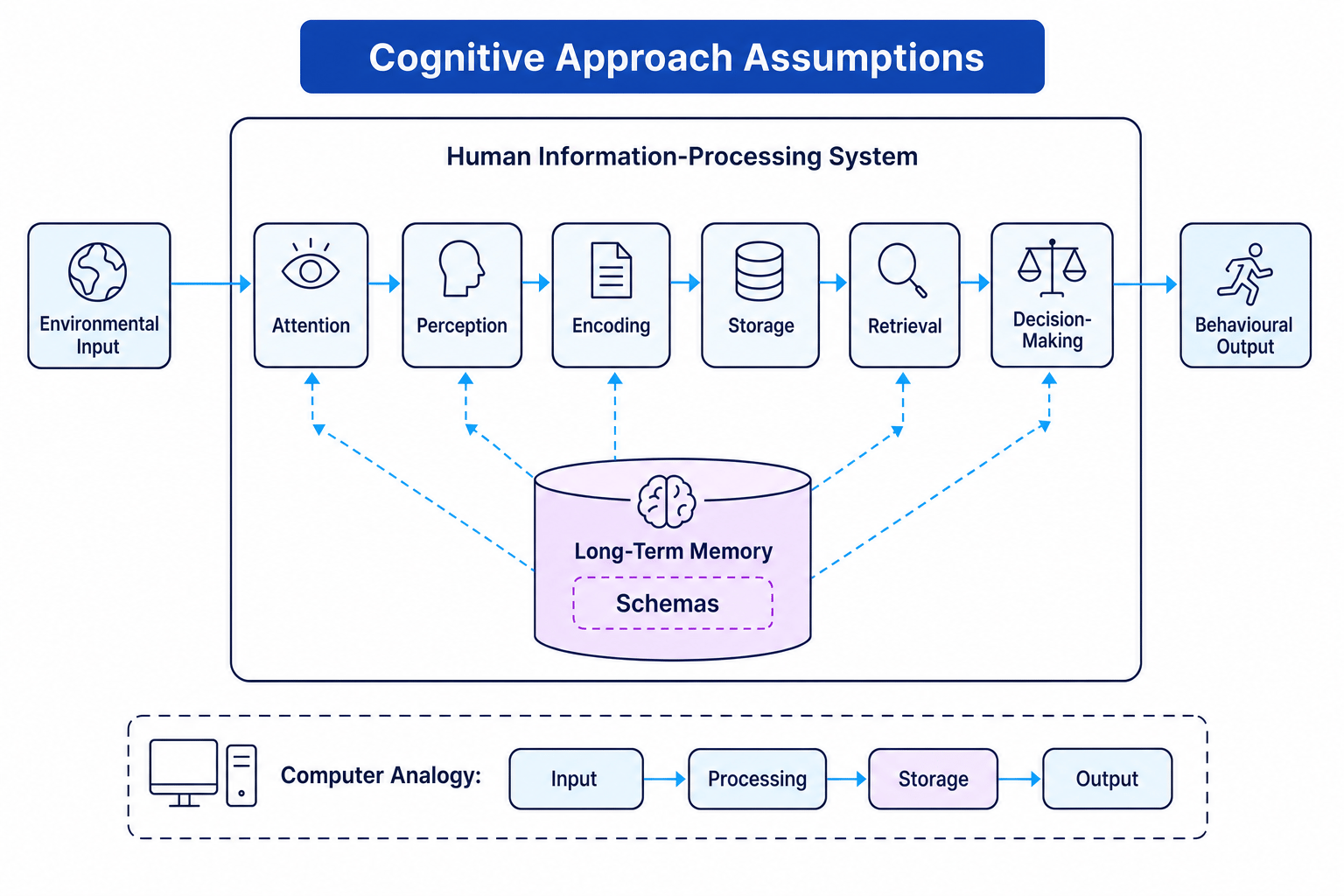 Schematic of the cognitive approach showing input, attention, perception, encoding, storage, retrieval, decision-making, behavioural output, and schemas influencing processing