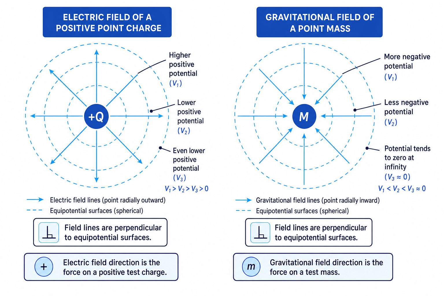 Radial electric and gravitational field lines with spherical equipotential surfaces