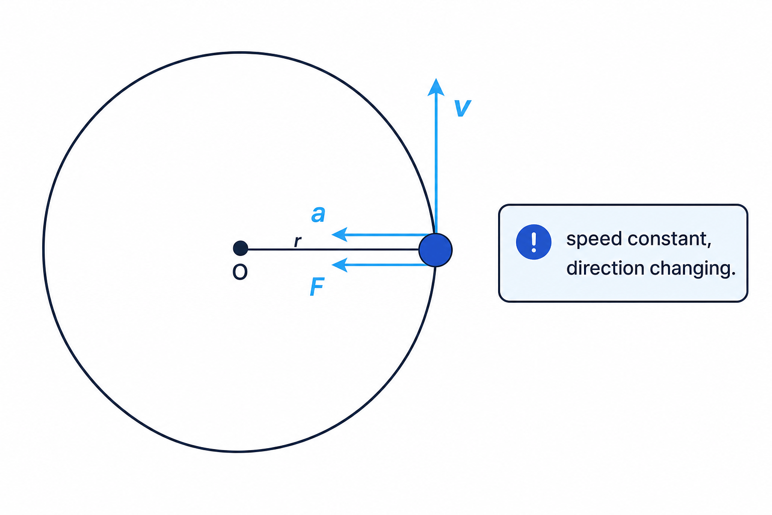 Uniform circular motion with tangent velocity and inward centripetal acceleration and force