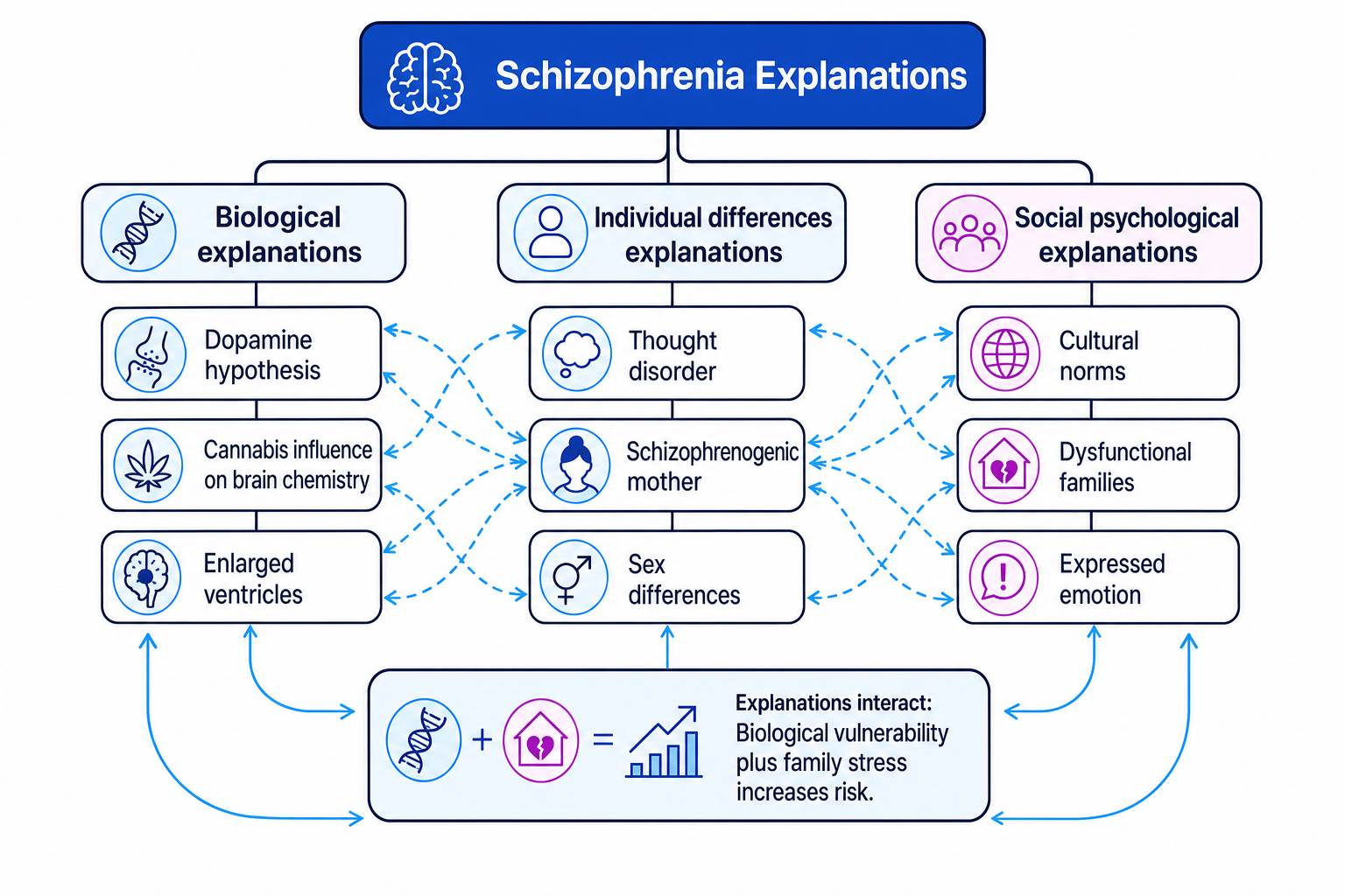 Concept map of biological, individual differences and social psychological explanations of schizophrenia