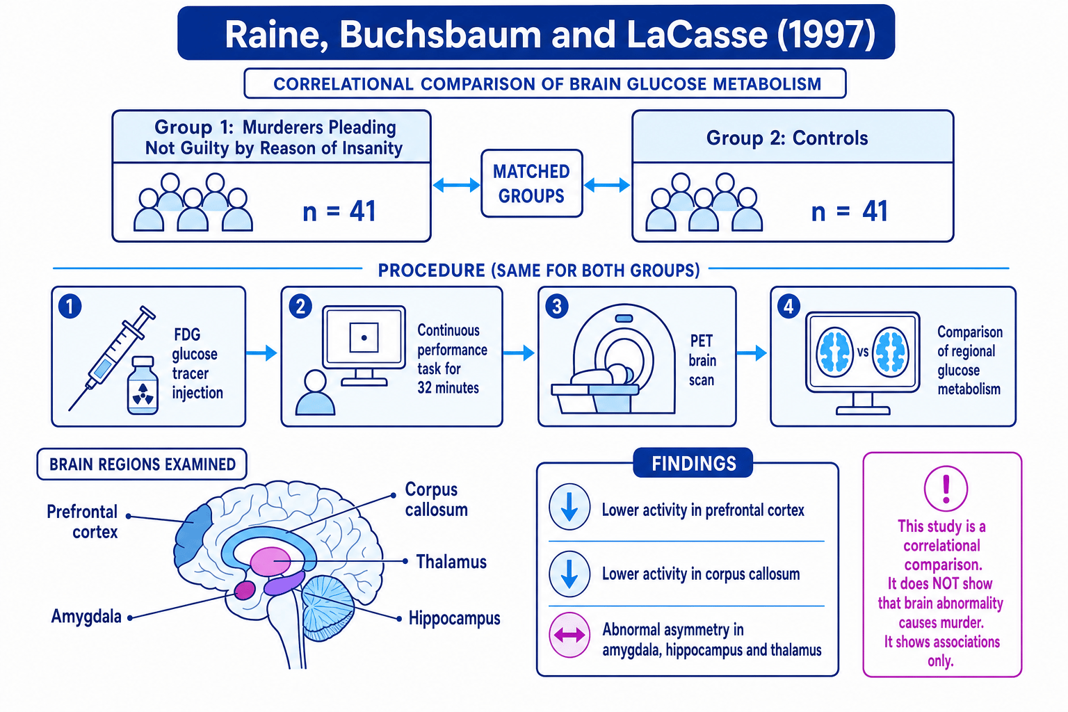 Diagram summarising Raine, Buchsbaum and LaCasse (1997), including participant groups, PET procedure, brain regions and findings
