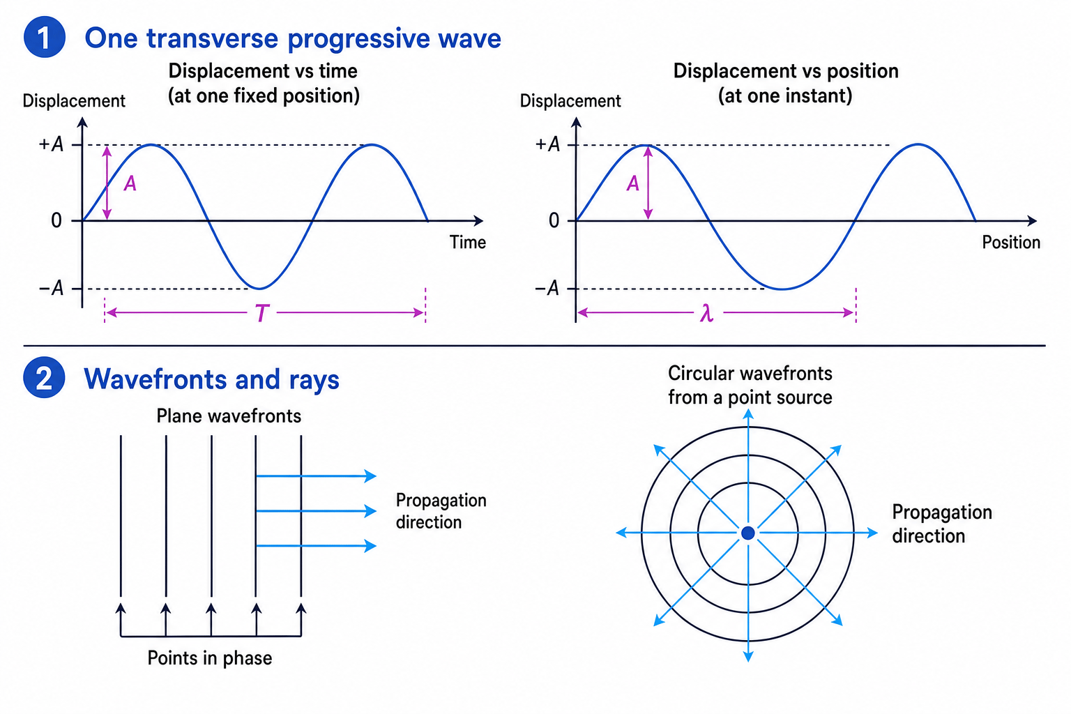 Displacement-time and displacement-position graphs with amplitude, period and wavelength, plus wavefront and ray diagrams