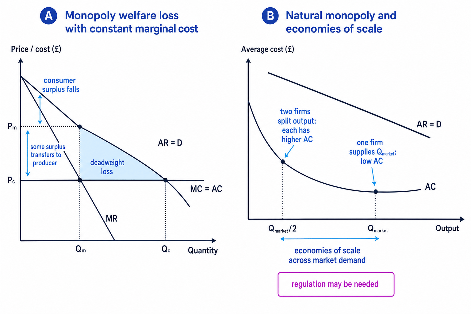 Diagram showing monopoly deadweight loss and natural monopoly economies of scale