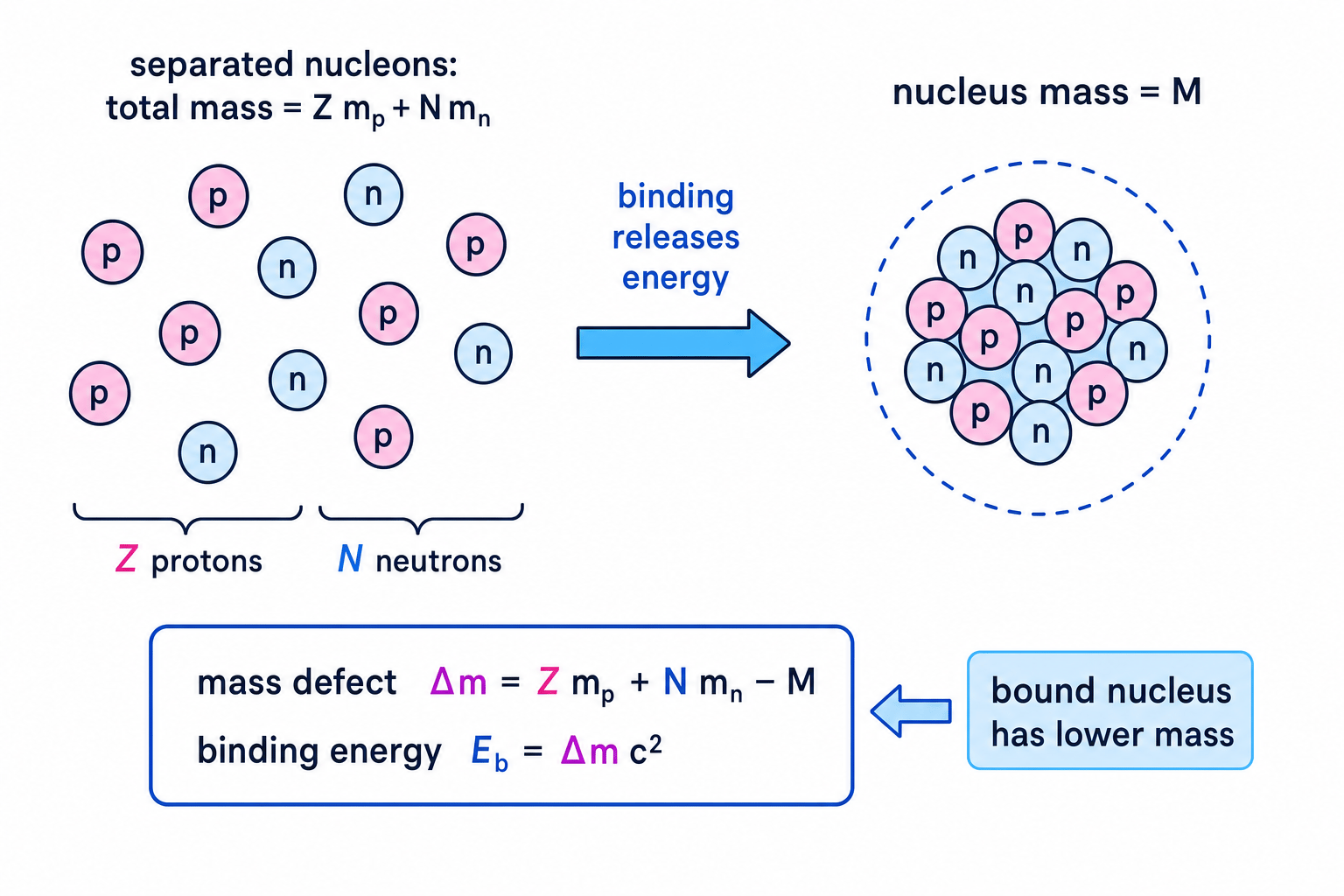 Diagram showing separated nucleons forming a bound nucleus, with mass defect and binding energy labelled