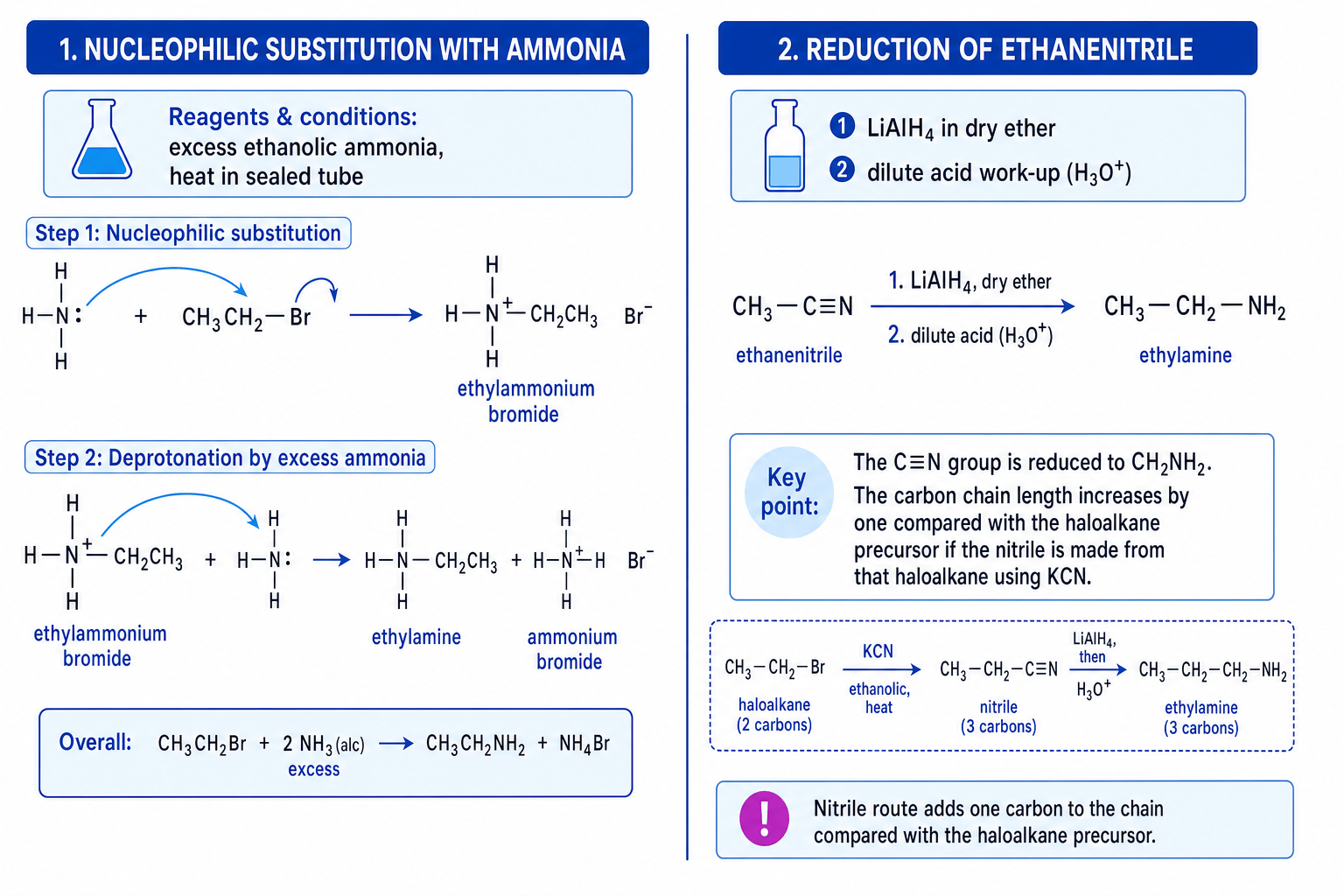 Formation of primary aliphatic amines from halogenoalkanes and nitriles