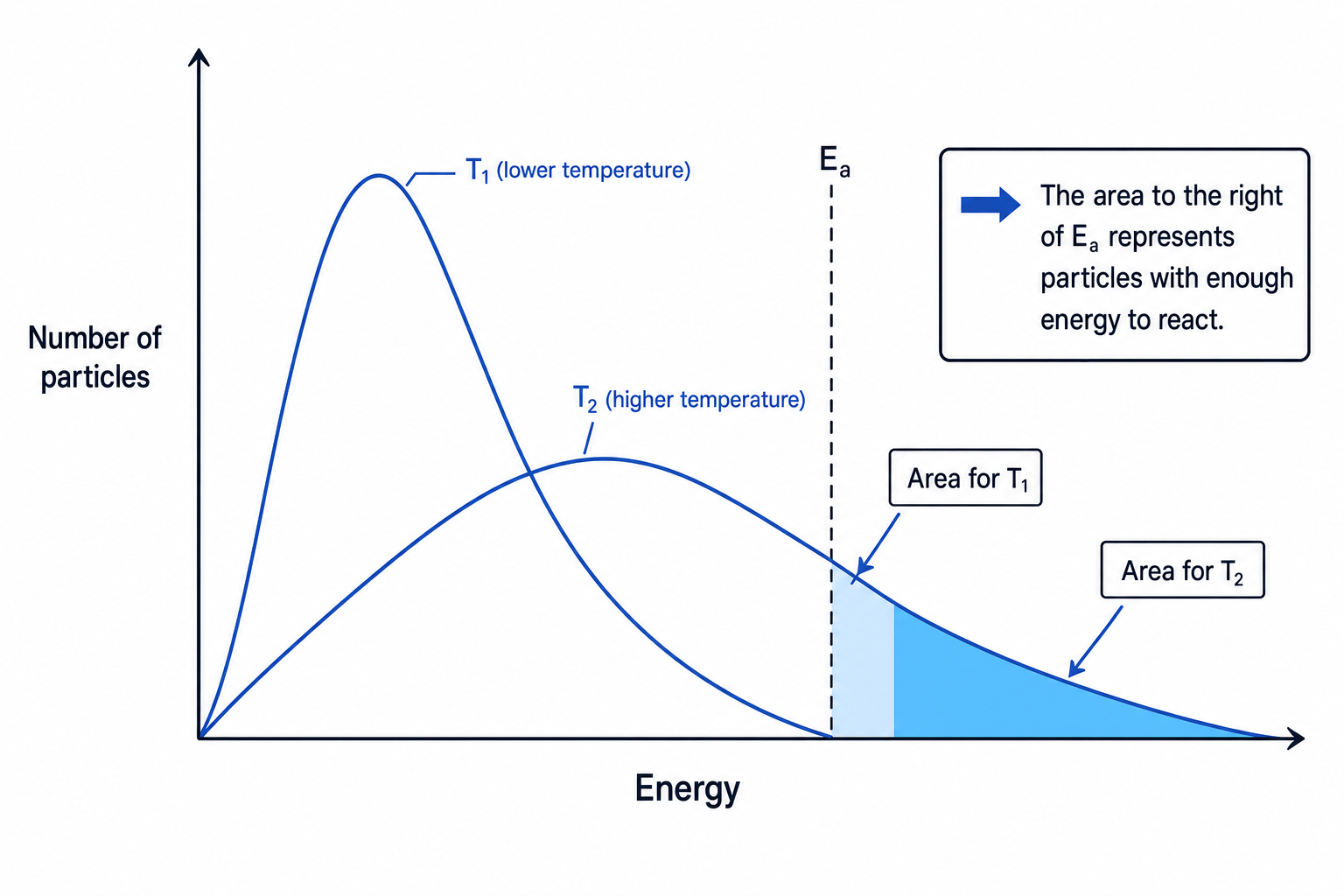 Maxwell-Boltzmann distribution showing higher temperature increases area above activation energy